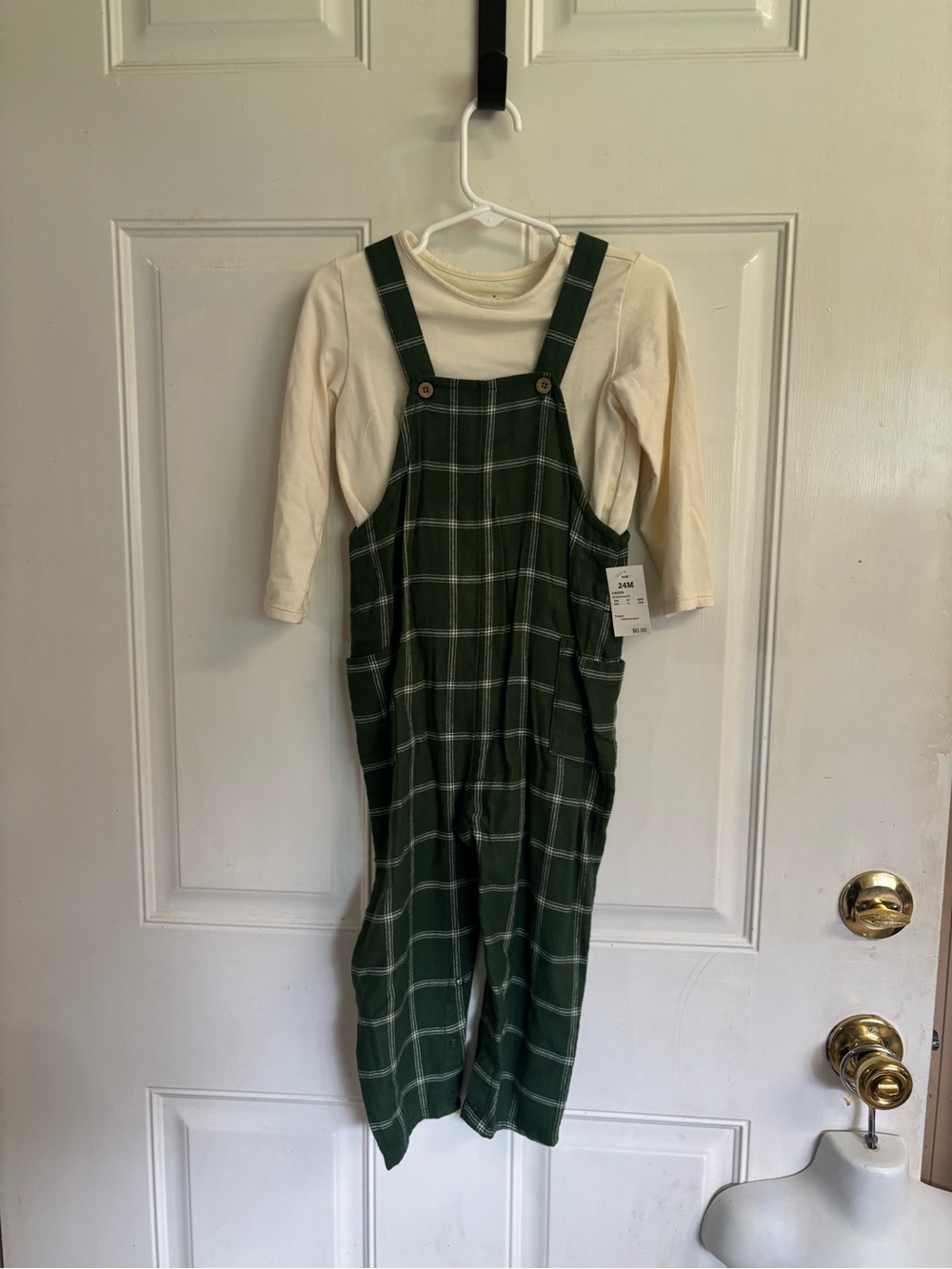NWT 24M Cloud Island green gingham overalls/cream long-sleeve T-shirt set. RT 24